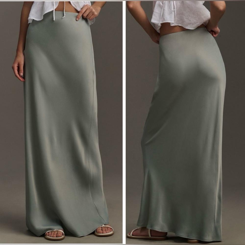 Anthropologie Tilda Sage Green Satin Midi Skirt